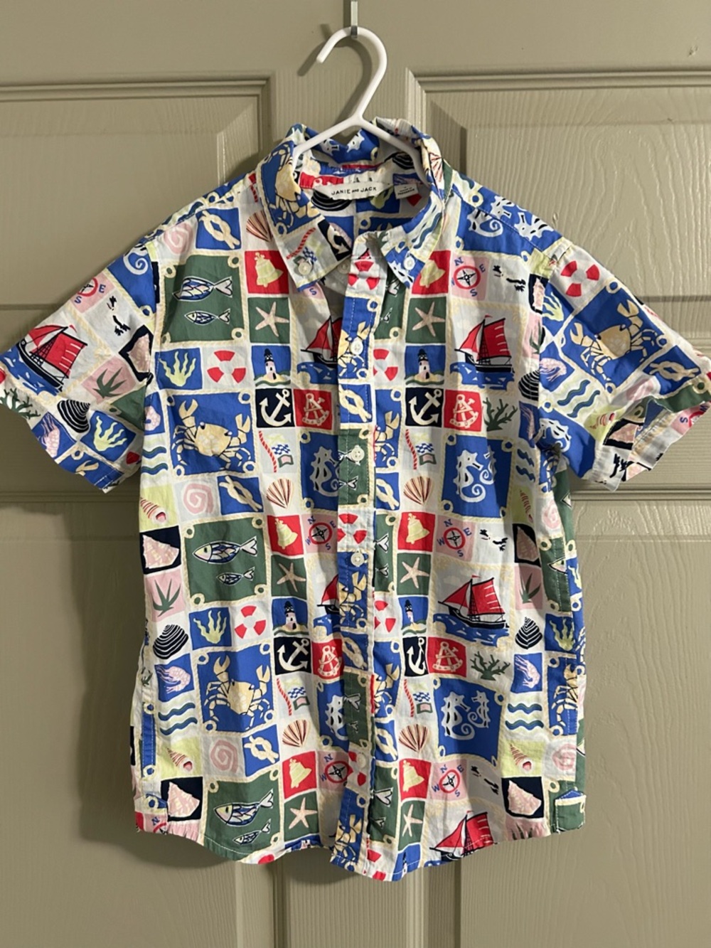 Janie and Jack Boys Poplin Multicolor Nautical Patchwork Button-Down Shirt Sz: 8